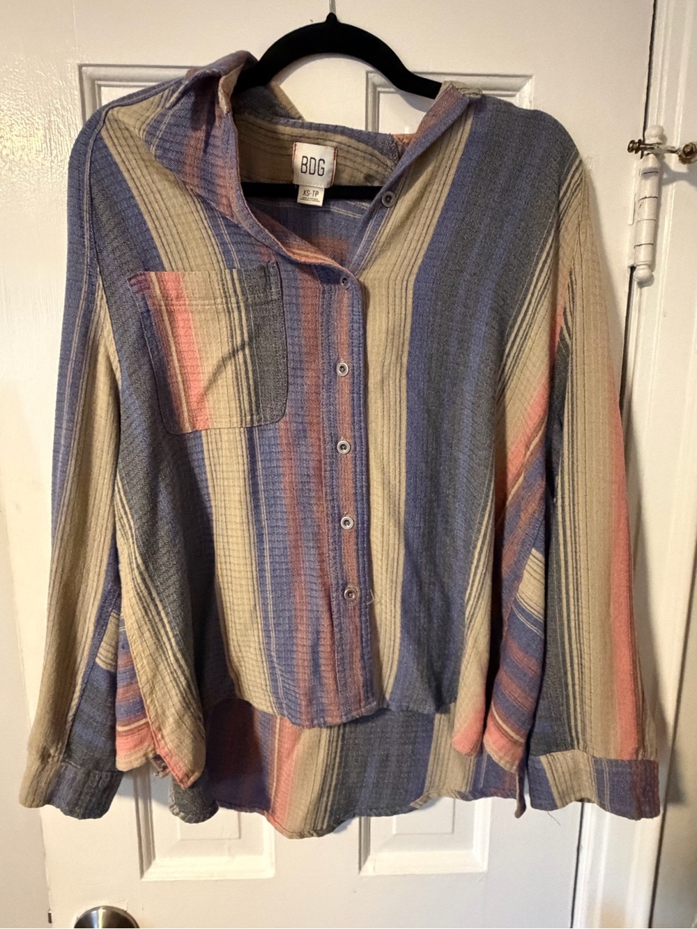 BDG Oversized Striped Button-Down Shirt in Blue, Green, Pink - Picture 9 of 10